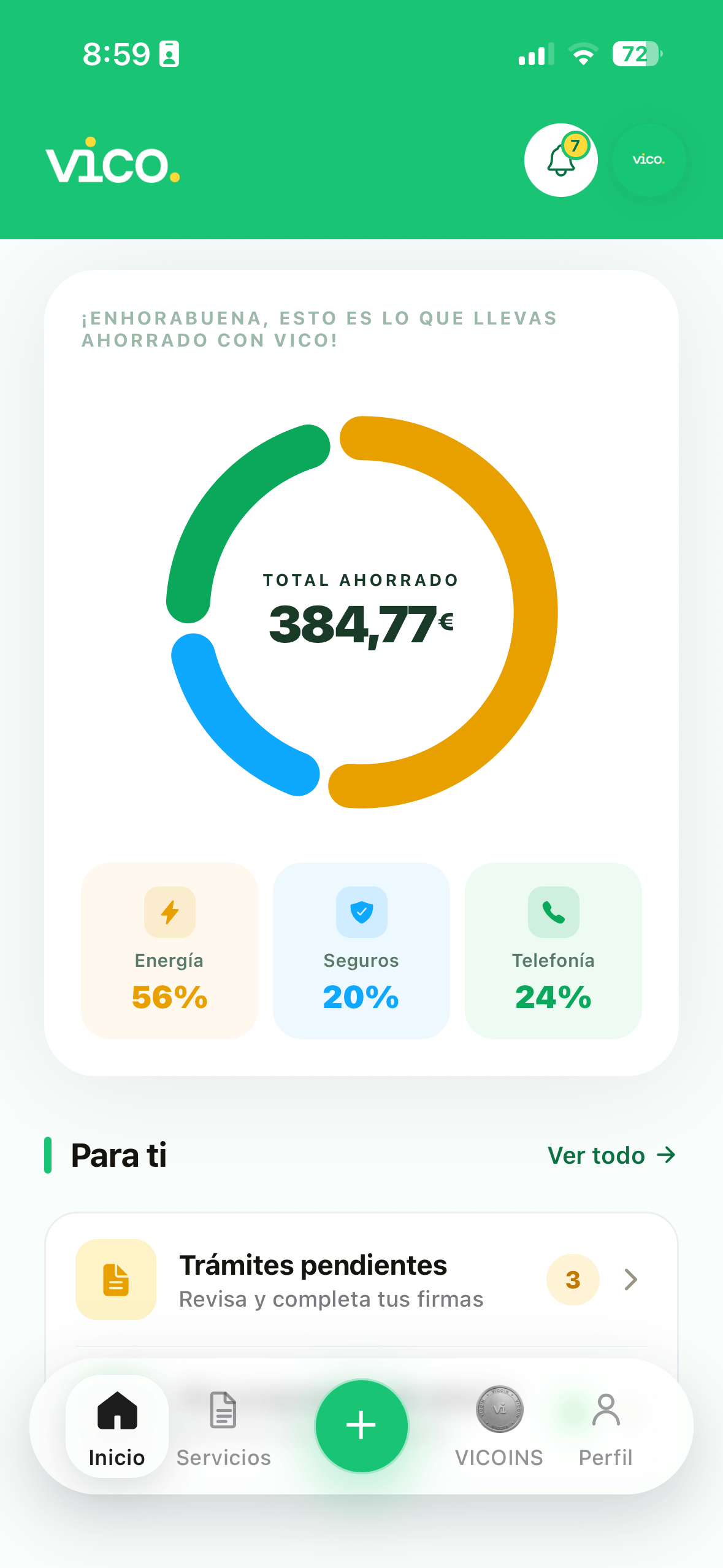 App VICO — resumen de ahorro